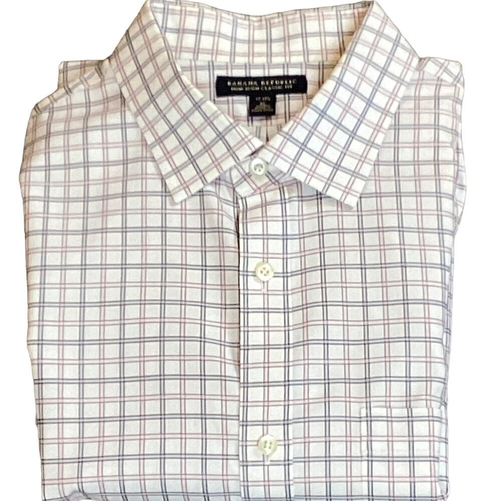Banana Republic Non-Iron Classic Fit Plaid Cotton Dress Shirt XL 17/17-1/2 #282P